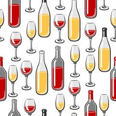Seamless pattern with bottles and glasses of wine. Image for restaurants and bars.