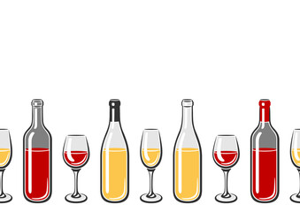 Seamless pattern with bottles and glasses of wine. Image for restaurants and bars.