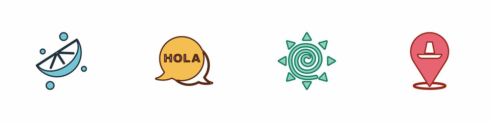 Set Sliced lime, Hola, Sun and Mexican sombrero icon. Vector © vector_v