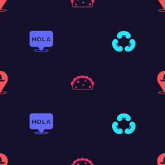 Set Beans, Hola, Taco with tortilla and Mexican sombrero on seamless pattern. Vector