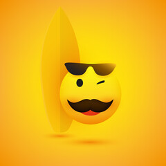 Simple Happy Cheerful Winking Male Surfer Emoticon with Mustache Wearing Sunglasses on the Top of His Head in Front of a Surfboard - Vector Design for Web and Online Apps on Yellow Background