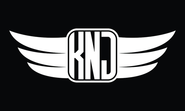 KNJ three Letter Wings Flying Initial wing symbol minimalist creative concept flag icon professional logo design Vector template with abstract black and white tattoo