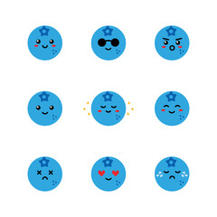 Set, collection, pack of blueberry emoji, vector cartoon style icons of  blueberry characters with different facial expressions, happy, sad, joyful, wearing sunglasses.