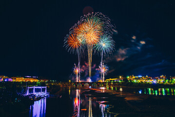 Fireworks over a park in the night sky, happy new year, year 2022-2023