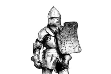 black and white drawing of a medieval knight on a white background - obrazy, fototapety, plakaty