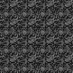 Seamless meat pattern. Black and white meat background. Doodle vector illustration with meat products icons