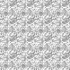 Seamless meat pattern. Black and white meat background. Doodle vector illustration with meat products icons