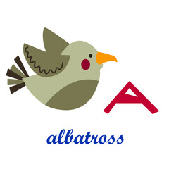Albatross in cartoon style with letter A and albatross sign. ABC animal alphabet. For kids learning English vocabulary.  Perfect for kids alphabet, textile, postcards, baby rug. Vector, bird, vector, 