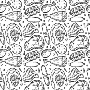 Seamless meat pattern. Black and white meat background. Doodle vector illustration with meat products icons