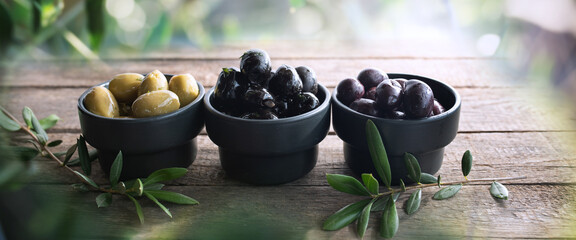 Different varieties of olives on rustic wooden table with branches of an olive tree. 