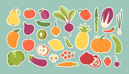 Vector set of colorful doodle fruit and vegetable stickers. Healthy lifestyle concept in cartoon sketch style. Icons with apple, pear, onion, lemon, cucumber, tomato, pineapple, strawberry, beet.