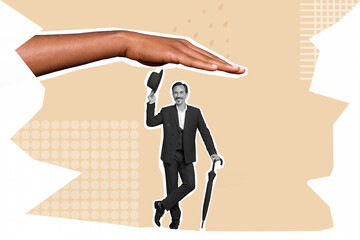 Fototapeta premium Photo cartoon comics sketch picture of big arm protect from rair funny funky guy isolated painting beige background