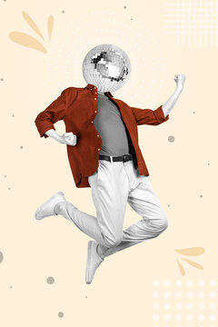 Creative 3d photo artwork graphics painting of guy disco ball instead of head dancing isolated beige background