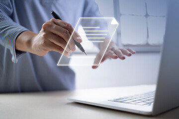 Businesswoman, work from home, handling documents, E-signing, signing digital contracts electronic signing electronic signature through internet technology document data management smart contract