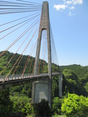 熊本県上益城郡山都町にある、長さ390ｍ、高さ約140ｍ、主塔の高さ70mを誇る橋脚のラーメン橋と斜張橋の複合橋の「鮎の瀬大橋」