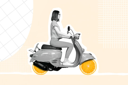 Photo cartoon comics sketch picture of girl riding moped citrus instead of wheels isolated painting background