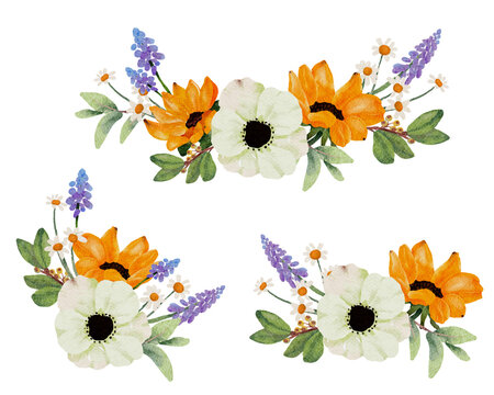 watercolor sunflower and white anemone flower bouquet elements collection