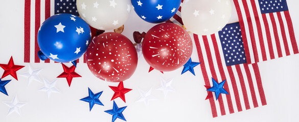 Fototapeta premium Independence Day background with american flags, balloons, stars. 4th july frame