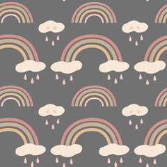 Fototapeta na wymiar Cute vector seamless pattern with rainbows and clouds on a gray background.For printing on children's textiles and accessories.