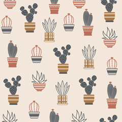 Seamless pattern with potted houseplants. Cactus houseplant in pots. Succulent vector pattern. Isolated plants on light background. Abstract design for fabric, paper, cover, interior decor.