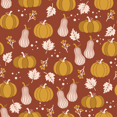 Thanksgiving seamless pattern. Pumpkins and leaves on a burgundy background. Happy Thanksgiving vector pattern. Harvest season. Fall pattern. Autumn design for fabric, paper, cover, interior decor.