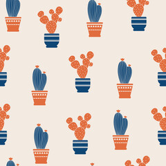 Seamless pattern with potted houseplants. Cactus houseplant in pots. Succulent vector pattern. Isolated plants on white background. Abstract design for fabric, paper, cover, interior decor.