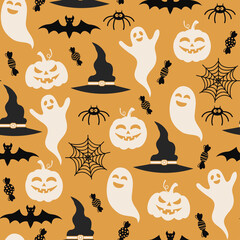 Seamless Halloween pattern. Vector illustration of Halloween party. Ghost, bat, spider web, spider, witch hat and pumpkin on a yellow background. Vector cartoon seamless pattern.