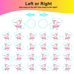Fototapeta na wymiar Counting unicorns left or right worksheet. Educational printable math worksheet. Vector illustration.