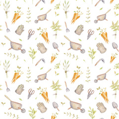 Watercolor seamless pattern with garden, nature and agriculture. Plants and vegetables on the farm