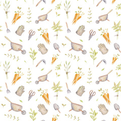 Fototapeta premium Watercolor seamless pattern with garden, nature and agriculture. Plants and vegetables on the farm