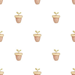 Seamless watercolor pattern with home plants in brown pots in vintage style. Rosemary, herbals and lush foliage.