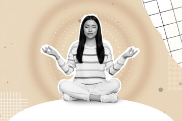 Exclusive minimal magazine sketch image of dreamy girl enjoying yoga black white visual effect isolated drawing beige background