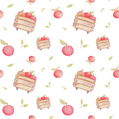 Seamless watercolor pattern of red apples. Bright fruits. Background for eco products, textiles, fabrics, paper.