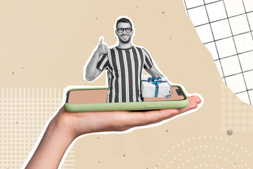 Collage 3d image of pinup pop retro sketch image of palm holding cell phone man screen showing thumb up isolated drawing background