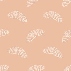 Seamless pattern with fresh pastries, buns, croissants, maple pecans, French bakery,