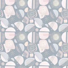 Abstract modern seamless pattern. Simple shapes on grey background. Pastel colors