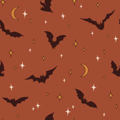Boho Halloween Bat silhouette fly in starry night sky vector seamless pattern. Rearmouse nocturnal animal background. Groovy Autumn faded colours surface design.
