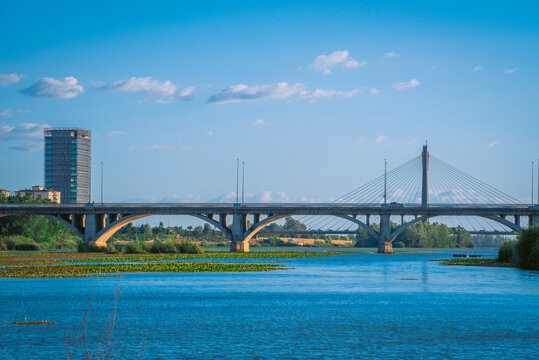Blue sky over the city of Badajoz, view of the bridges of Badajoz