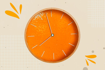 Creative 3d photo artwork graphics painting of orange fruit clock showing eight o clock isolated beige background