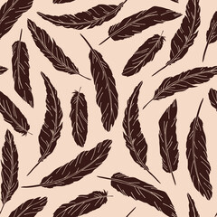 Bird feather from wing silhouette vector seamless pattern. Boho Halloween retro crow plumage background. Line art feathering shape wrapping paper design.