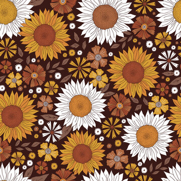 Boho fall floral sunflower daisy vector seamless pattern. Autumn flowers garden background. Groovy Halloween flower power print.