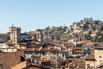 Fototapeta na wymiar the skyline of Bergamo Alta with San Vigilio in background