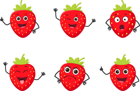 Cute strawberry fruit vector character set isolated on white background