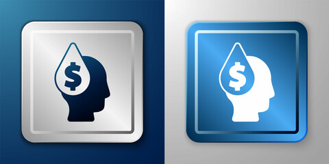 White Oil drop with dollar symbol icon isolated on blue and grey background. Oil price. Oil and petroleum industry. Silver and blue square button. Vector