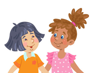Two cute little girls of different nationalities. Portrait in cartoon style. Isolated on white background. Vector illustration.