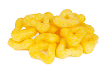 Crispy cheese snacks on a white background, salted corn rings.
