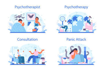 Psychotherapist concept set. Mental health diagnostic and treatment.