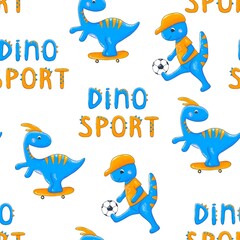 Kids seamless pattern with dinosaurs in cap play basketball football and driving on skateboard © Yulia Zelinskaya