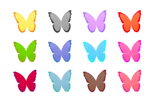A set of beautiful 12 different colors winged butterflies.
