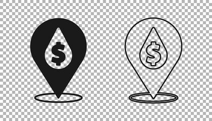 Black Oil drop with dollar symbol icon isolated on transparent background. Oil price. Oil and petroleum industry. Vector